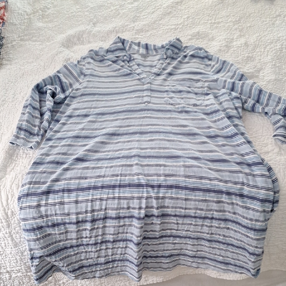 Lands End 2x Blue White Striped Dress Pockets V Neck Collar